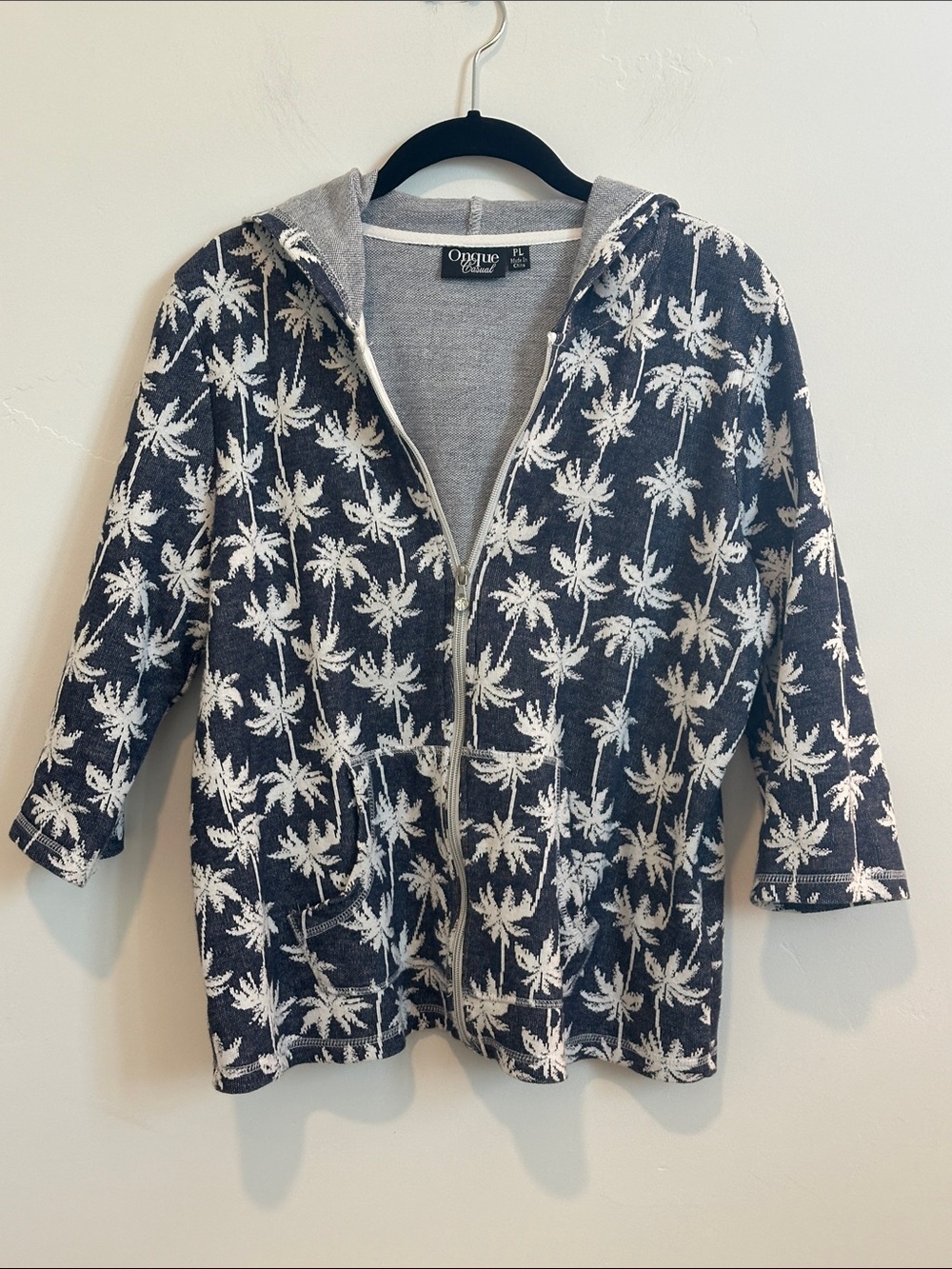 Onque Casuals Navy & White Palm Zip Hoodie; 3/4 sleeve, Size Petite Large